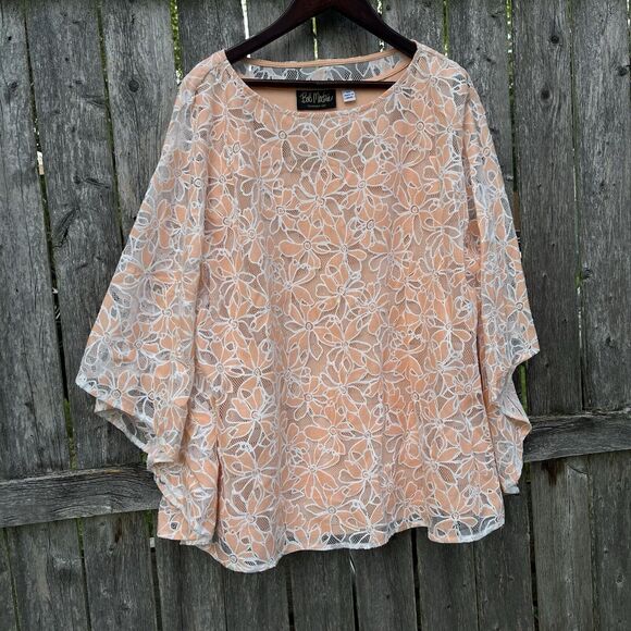 BOB MACKIE Peach Floral Cottagecore Mermaidcore sheer Lined Blouse- M - Picture 2 of 10